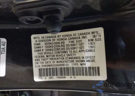 2016 Honda Cr-V Ex z USA, uszkodzony, nr VIN 2HKRM4H53GH698135